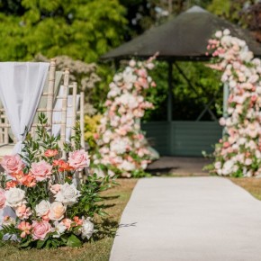 Wedding ceremony flowers at Bromley Court Hotel, Kent